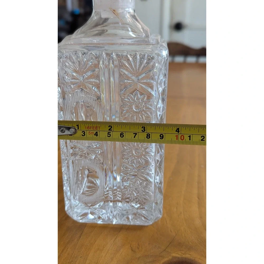 Vintage Clear Cut Crystal Square Decanter with Ribbed Stopper Starburst Pattern
